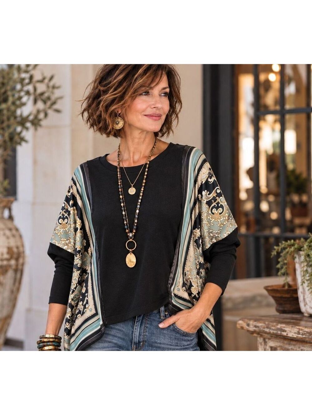 Saks Fifth Ave Blouse Top Scarf Insets Sz Small Euro Chic Resort